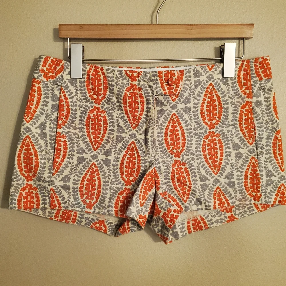 J.CREW Flora Orange Gray Paisley Lily Textured Flat Front Chino Shorts Women's 8